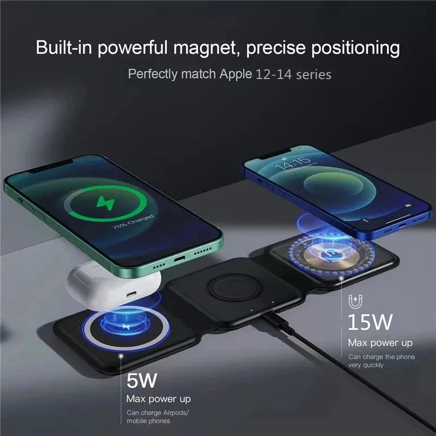 3 in 1 Magnetic Wireless Charger Pad Stand Foldable for Iphone 15 14 13 12 11 Apple Watch Airpods 15W Fast Charging Dock Station