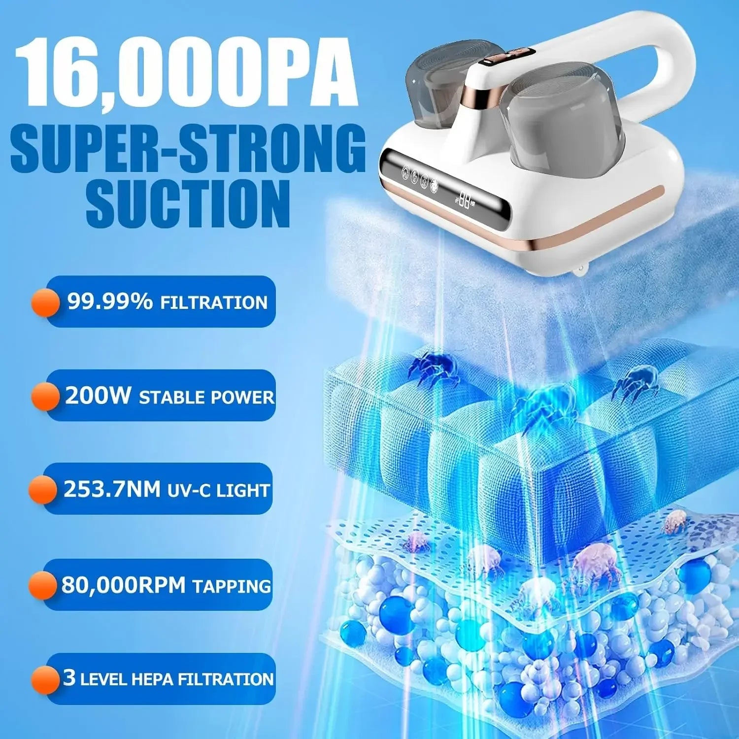 16Kpa UV Mite Remover New Mattress Vacuum Cordless Handheld Cleaner Powerful Suction for Cleaning Bed Pillows Clothes Sofa