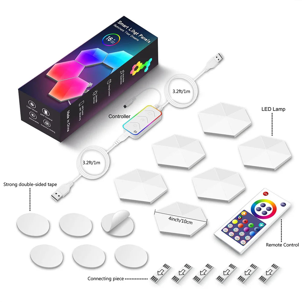 App/Remote Control Smart Hexagon Lights Panels Gaming Music Sync Hexagon Lights Cellular RGB Wall Sconces Quantum Night Lights